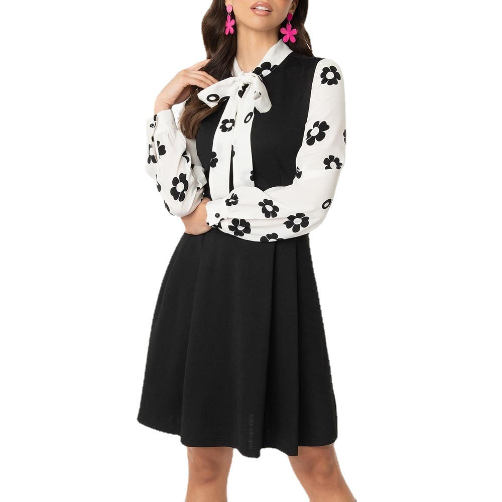 Women's Printed Black And White Mosaic Neckline Tie Casual Dress