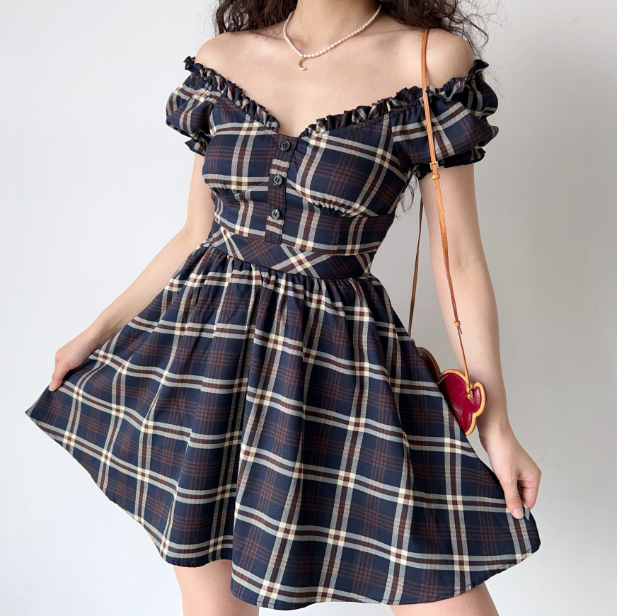 Vintage V Neck Bubble Sleeve Plaid Dress