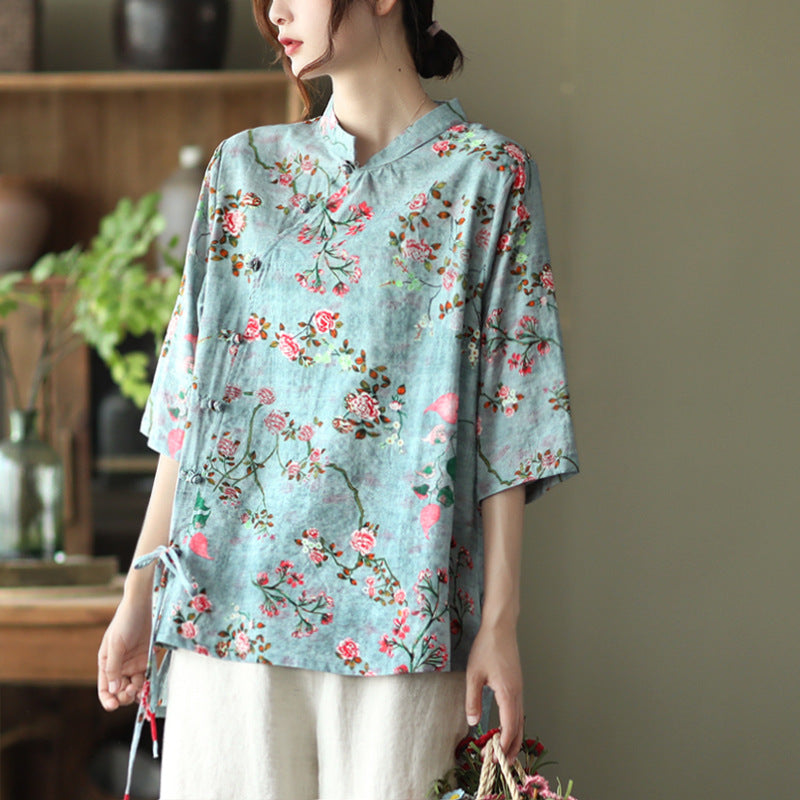 Retro Cotton and Linen Shirt with Stand-Up Collar and Printed Design
