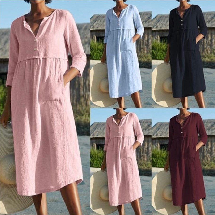 Plus size half sleeve linen cotton dress