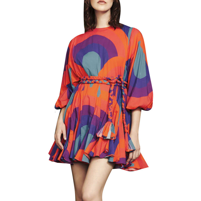 Round Neck Balloon Sleeve Resort Print High Waist Tie Ruffle Dress