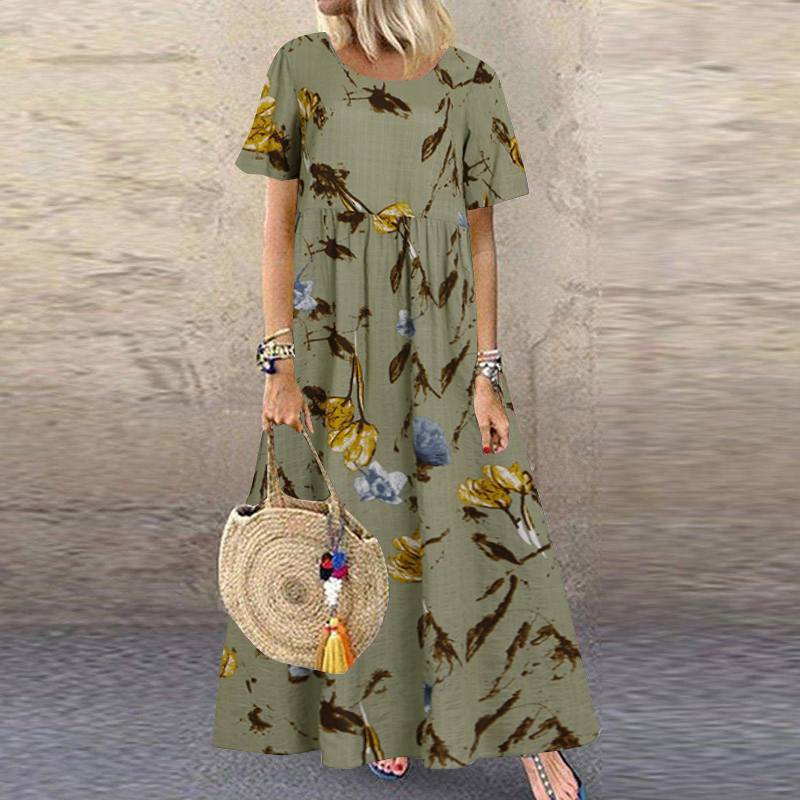 Printed Round Neck Short Sleeve Plus Size Loose Long Dress