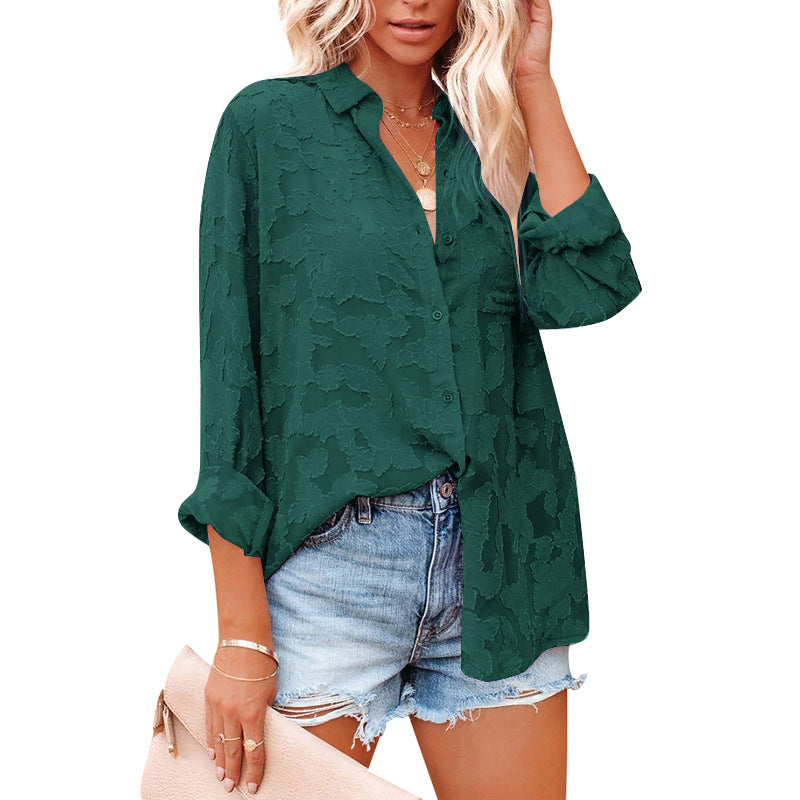 Women's Long Sleeve Shirt in Solid Color with Hollow Chiffon Jacquard and Button Detail