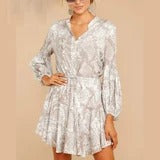 Printed Suit Collar Tie Button Dress