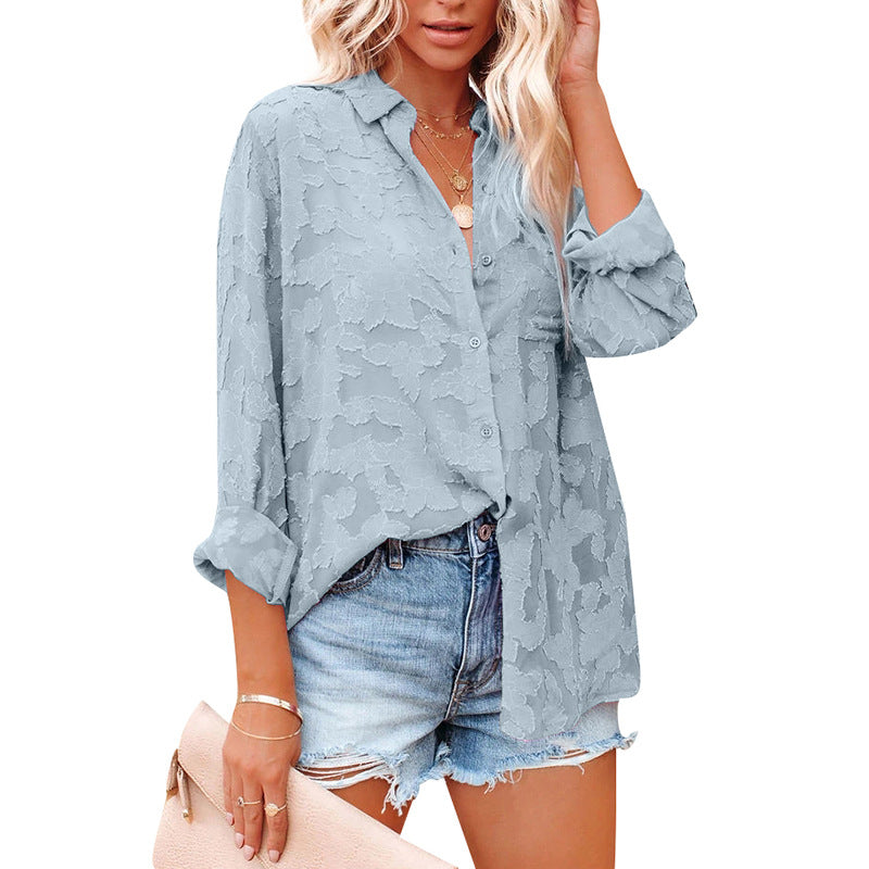 Women's Long Sleeve Shirt in Solid Color with Hollow Chiffon Jacquard and Button Detail