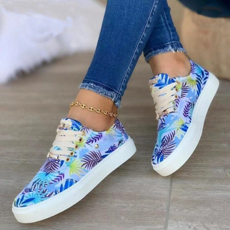 Women's Canvas Lace-Up Flats: Stylish Leaves Print Casual Sneakers