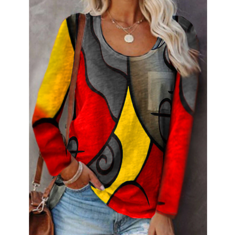 Plus Size Color-Matching Long-Sleeved T-shirt for Casual Wear