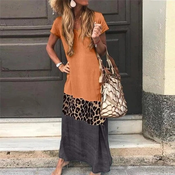 Contrast Stitching Leopard Print Dress