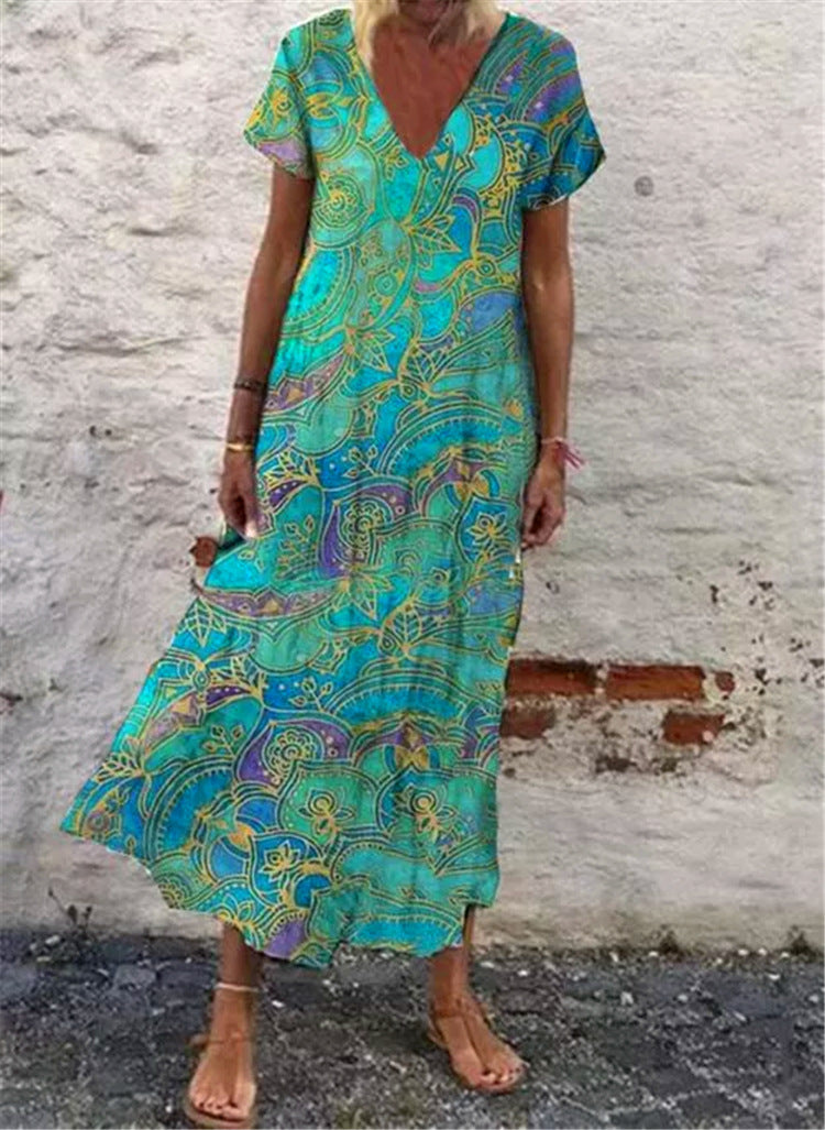 Floral V-Neck Long Dress with Short Sleeves for Ladies.