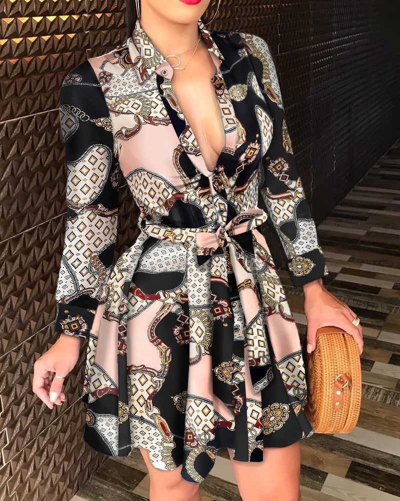 Fashionable Printed Dress with Long Sleeves, V-Neck, and Tie for a Sexy Look