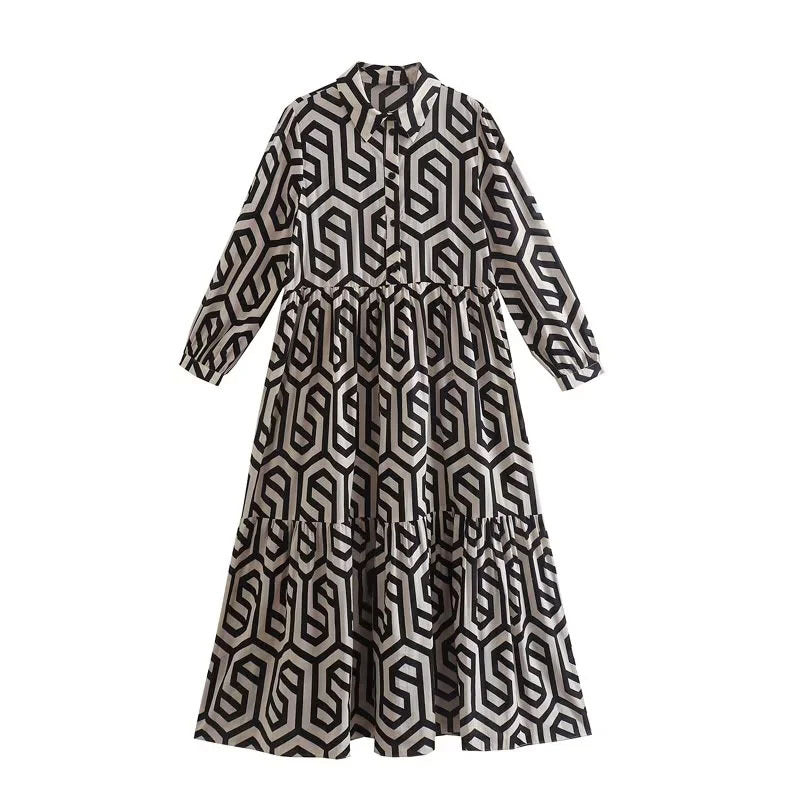 Embrace Retro Vibes with a Geometric Pattern Printed Long Dress for Women