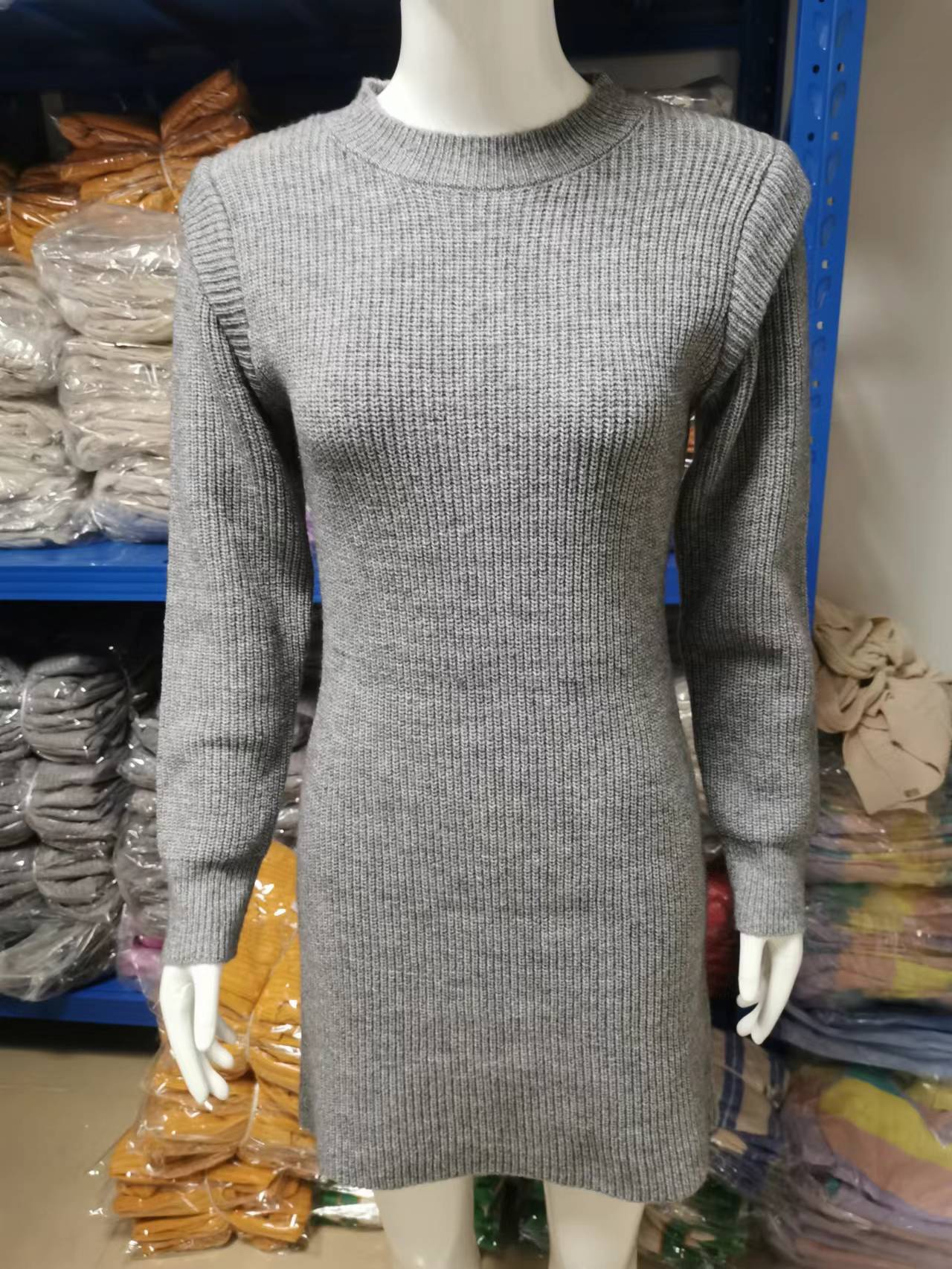 Color Round Neck Long Sleeve Sweater Dress