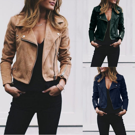 Solid Color Women's Lapel Diagonal Zipper Short Jacket