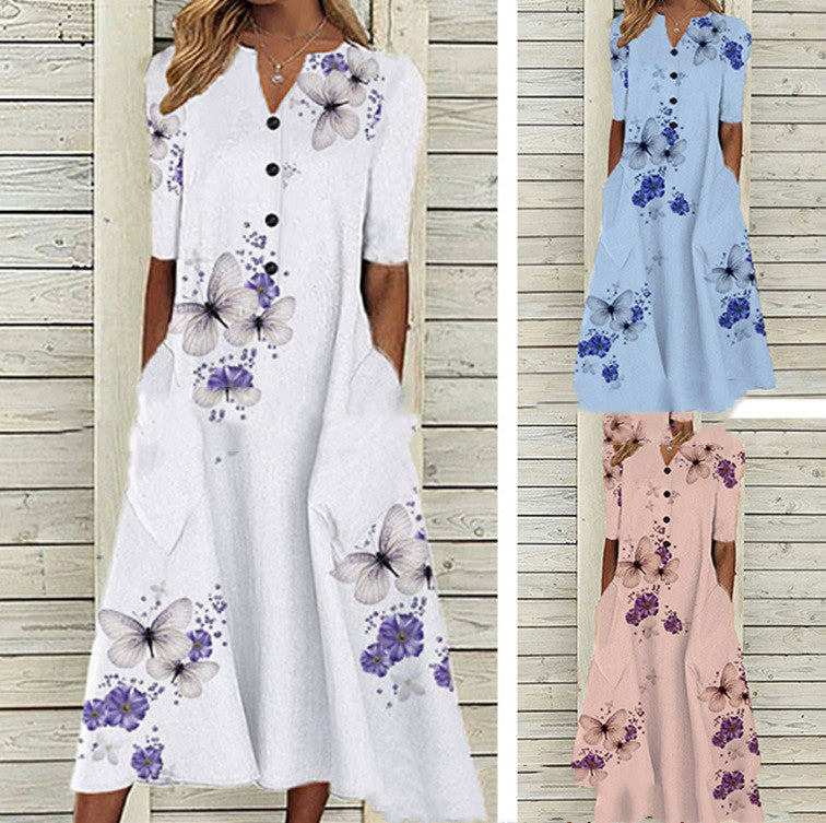 Printed Pocket V-Neck Loose Casual Long Dress for Women