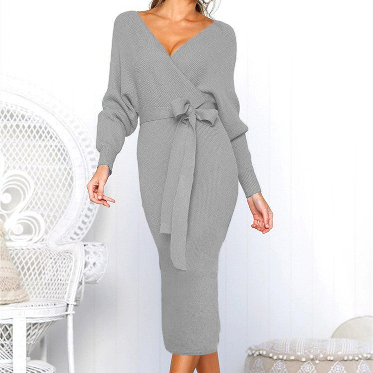 Women's Sexy V-neck Tie Long-sleeved Dress