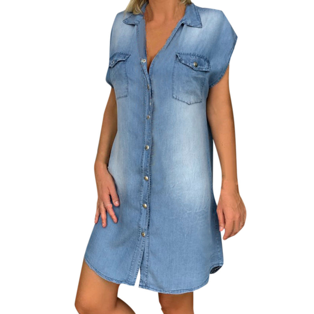 V-neck pullover short sleeve denim dress