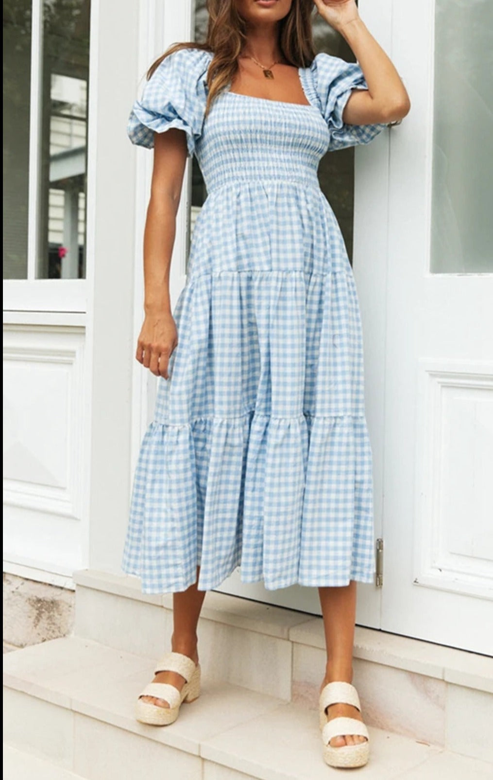 Plaid Dress Square Collar Puff Sleeve High Waist