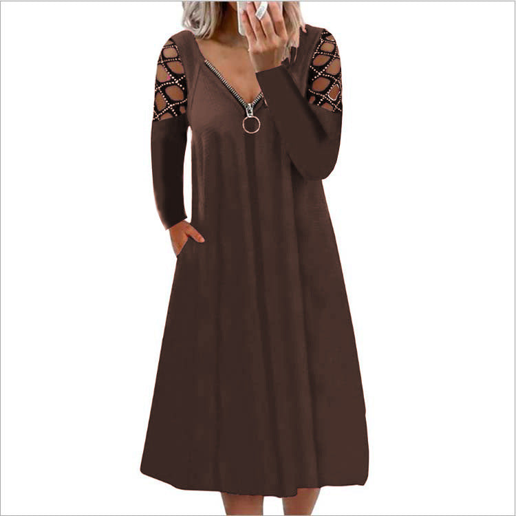 V-neck Solid Color Hollow Long-sleeved Hot Diamond Casual Dress