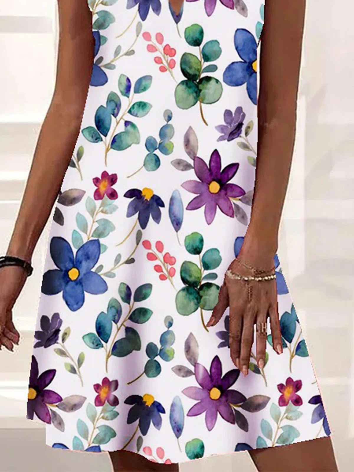 Spring Casual A-Line Dress for Women with V-Neck and Strap Print