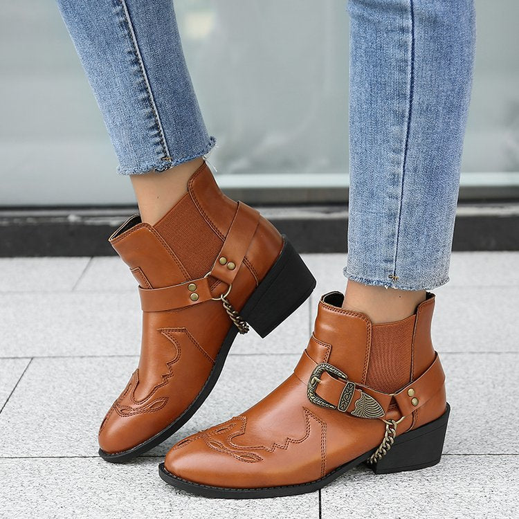 Women Western Ankle Boots Retro Chunky Mid Heel Shoes