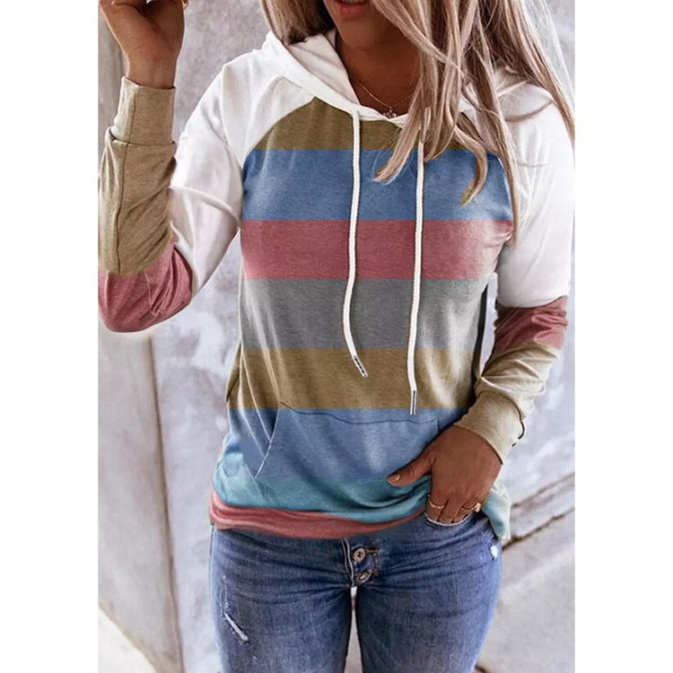 European And American Fashion Striped Women's Printed Long-sleeved Hoodie