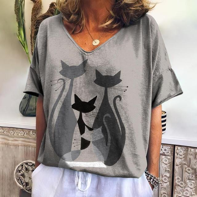 New Ladies T-Shirts Summer Short Sleeve Tops Kitten Graphics