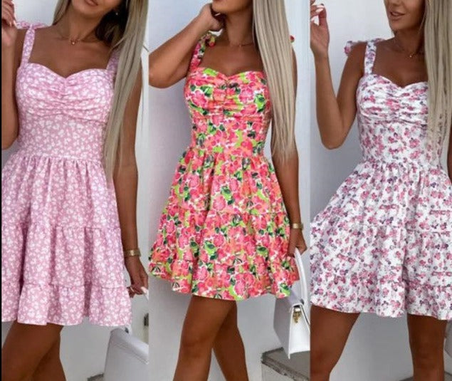 Printed Waisted Fashion Pleated Dress