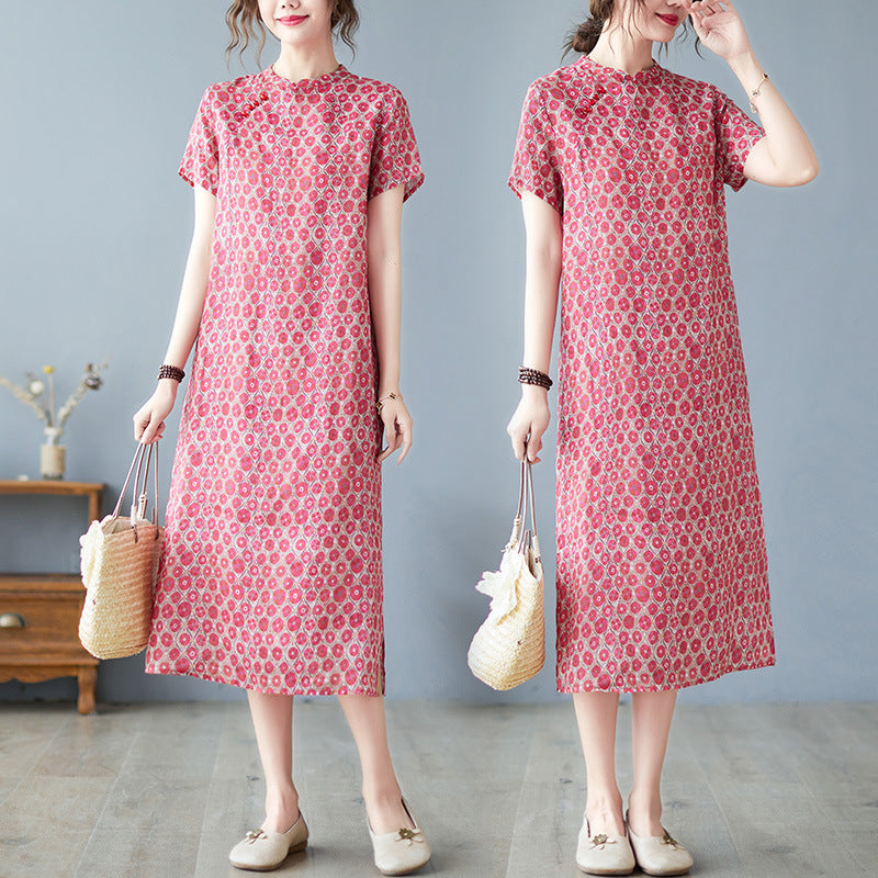 Women's Temperament Fashion Standing Collar Retro Print Short-sleeved Long Dress