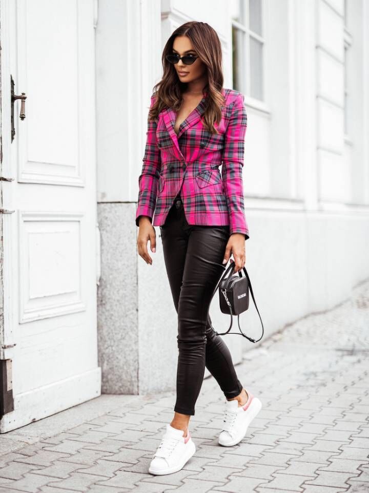 Womens Autumn Top Loose Long Sleeve Plaid Blazer