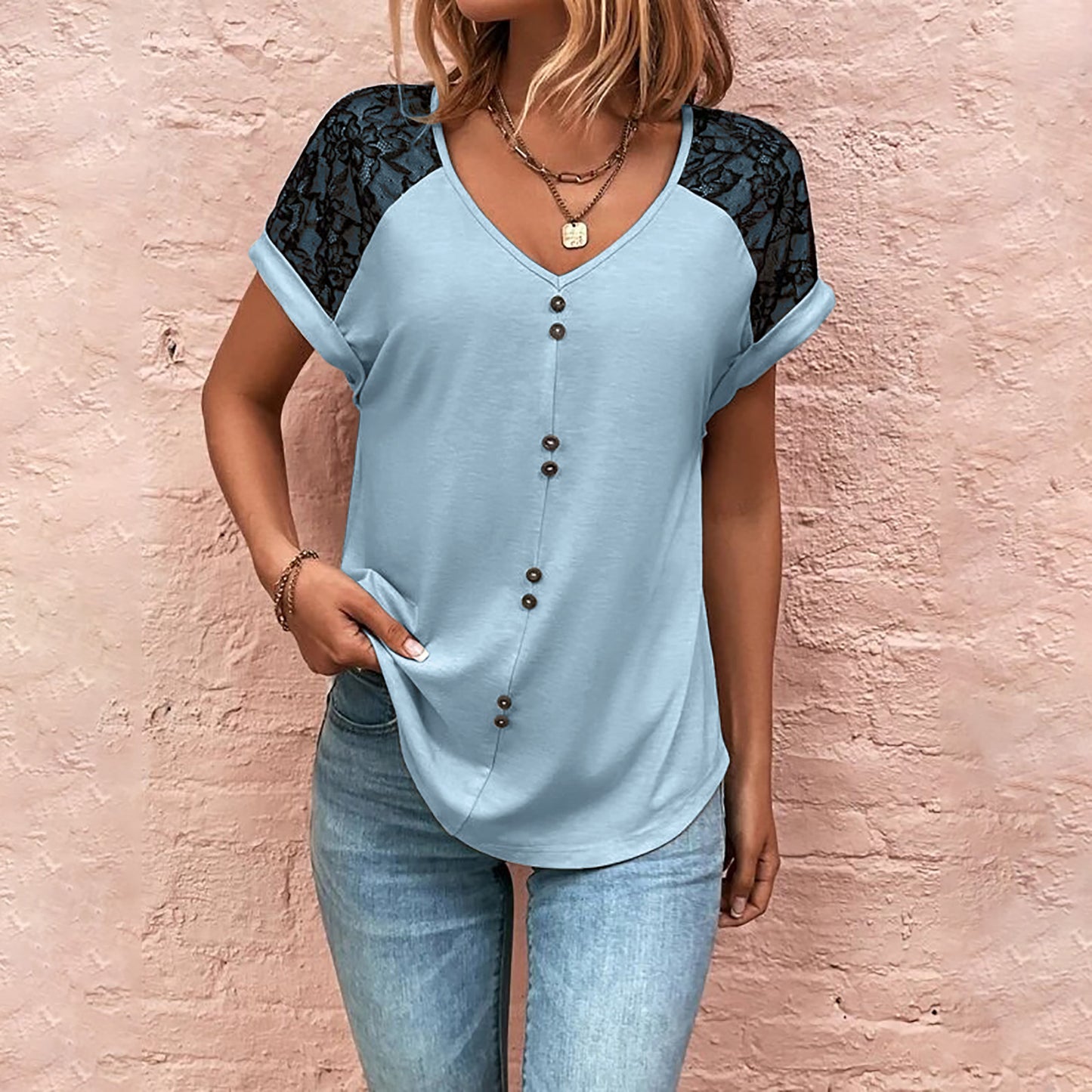 Women's T-Shirt Lace Stitching V-neck Top With Button Casual Summer Short Sleeve Pullover Shirt