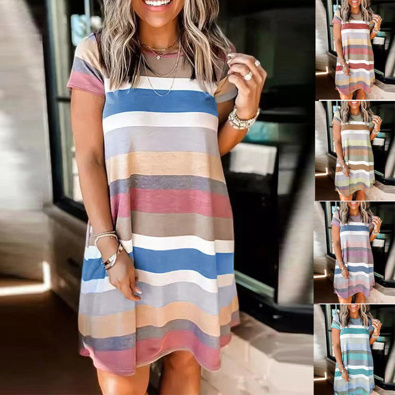 Women's Loose Striped Printed Short-sleeved Dress