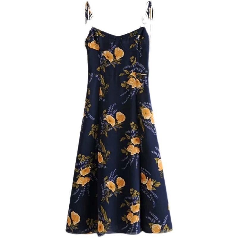 French Retro Orange Floral Sling Dress