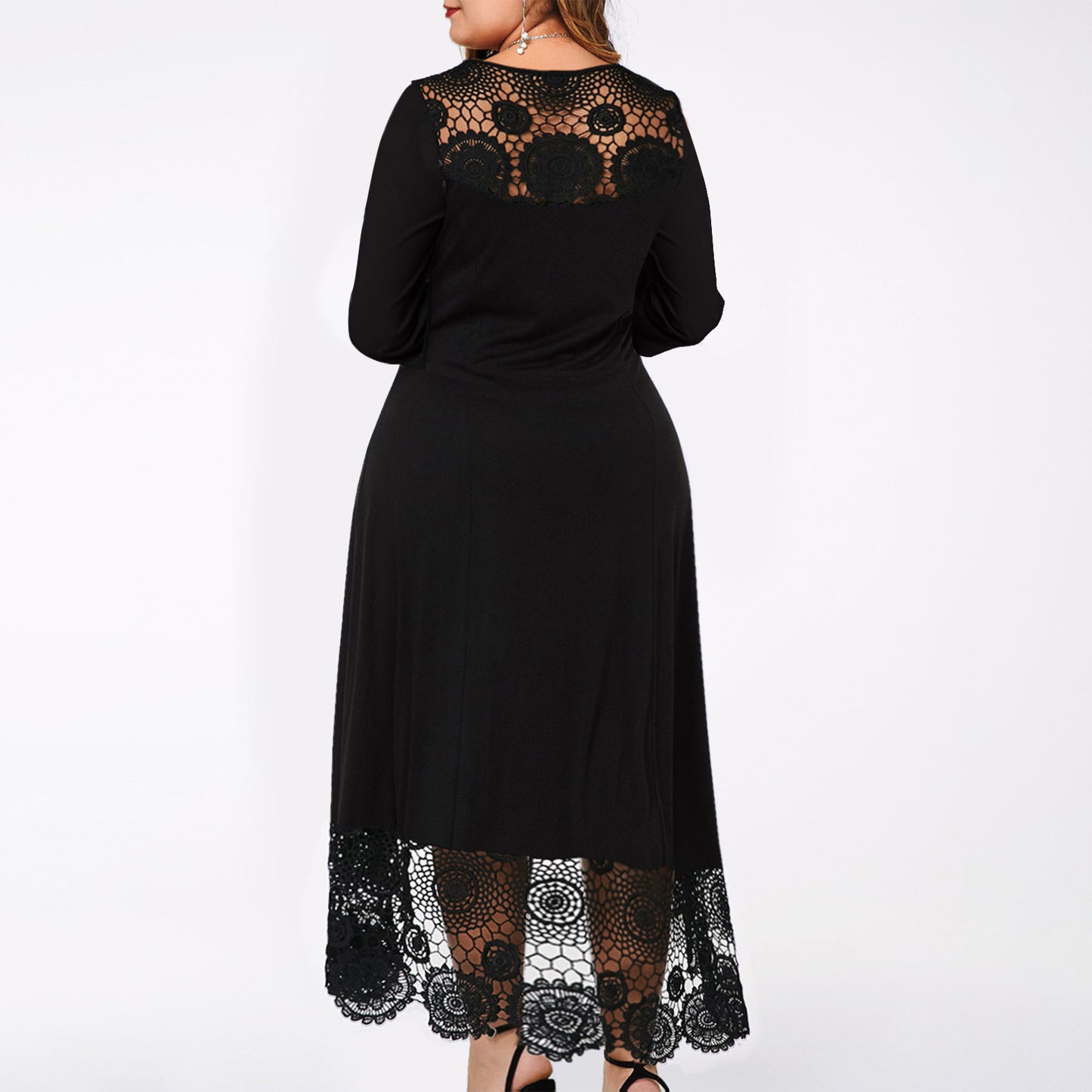 Women's Casual Round Neck Lace Stitching Irregular Hem Long Sleeve Dress