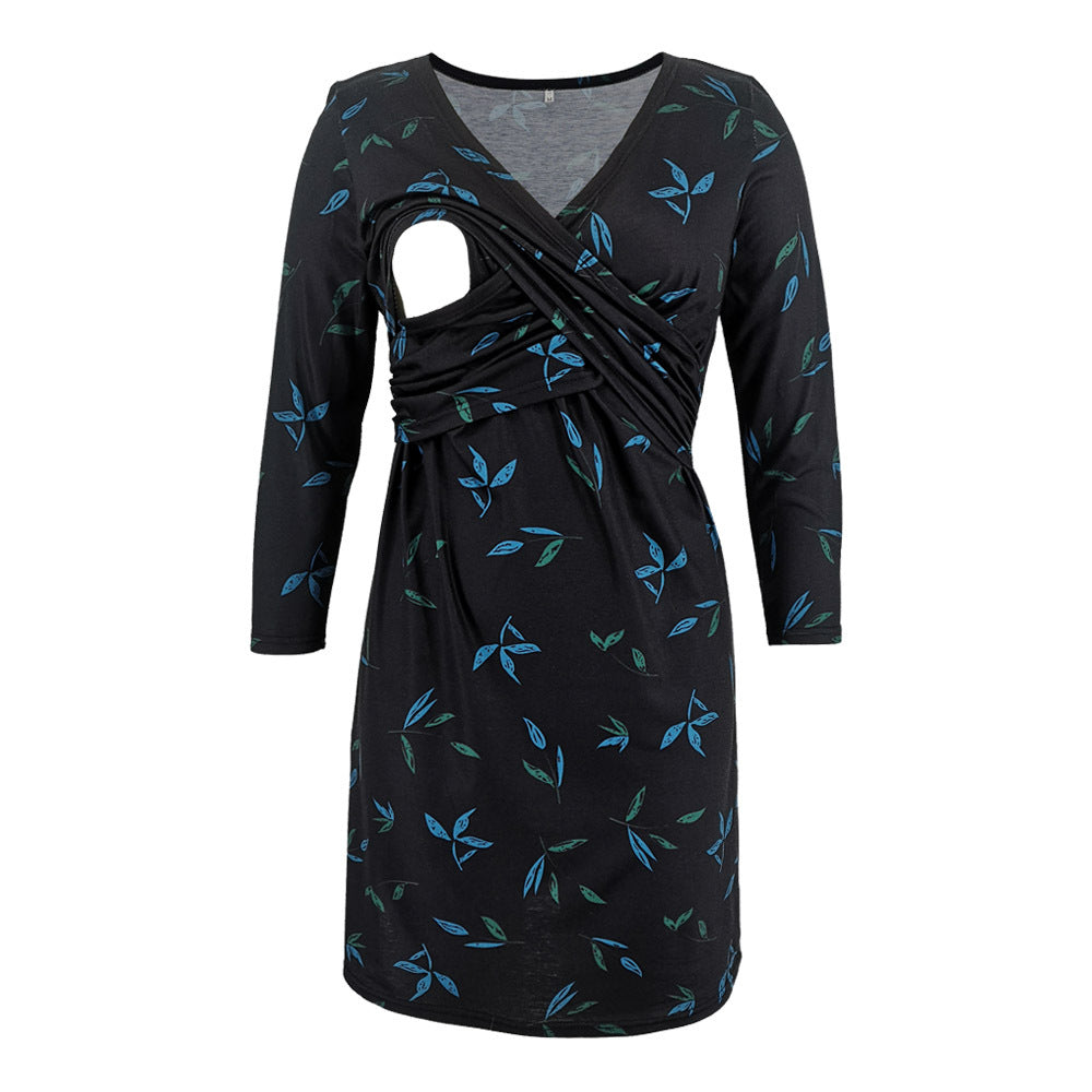 Seven-Point Sleeve Cross Lactation Dress with Multi-Color Printed Deep V-neck