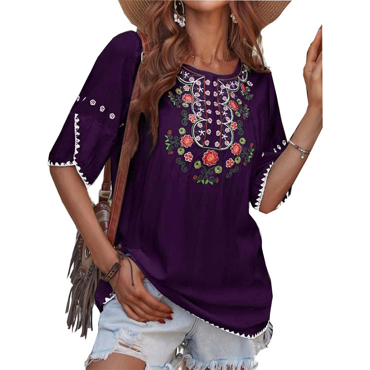 Women's Fashion Simple Ethnic Style Print Short-sleeved Top