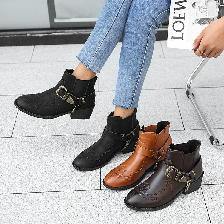 Women Western Ankle Boots Retro Chunky Mid Heel Shoes