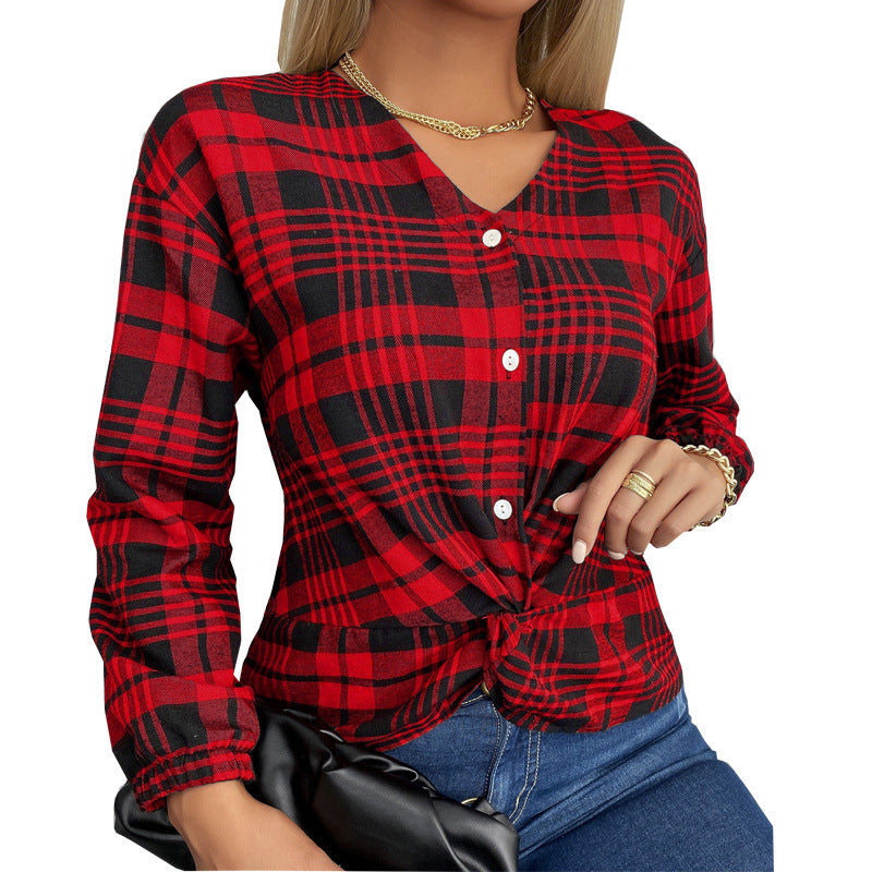 Women's V-Neck Plaid Long Sleeve Top Shirt