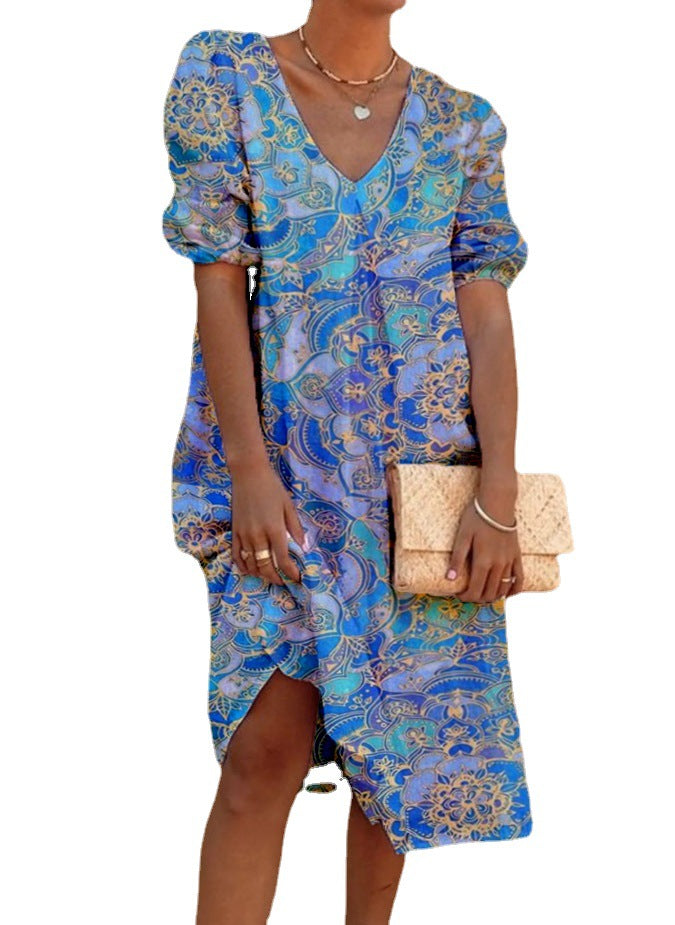 New Retro V-Neck Dress for Women with Puff Sleeves and a Stylish Print.