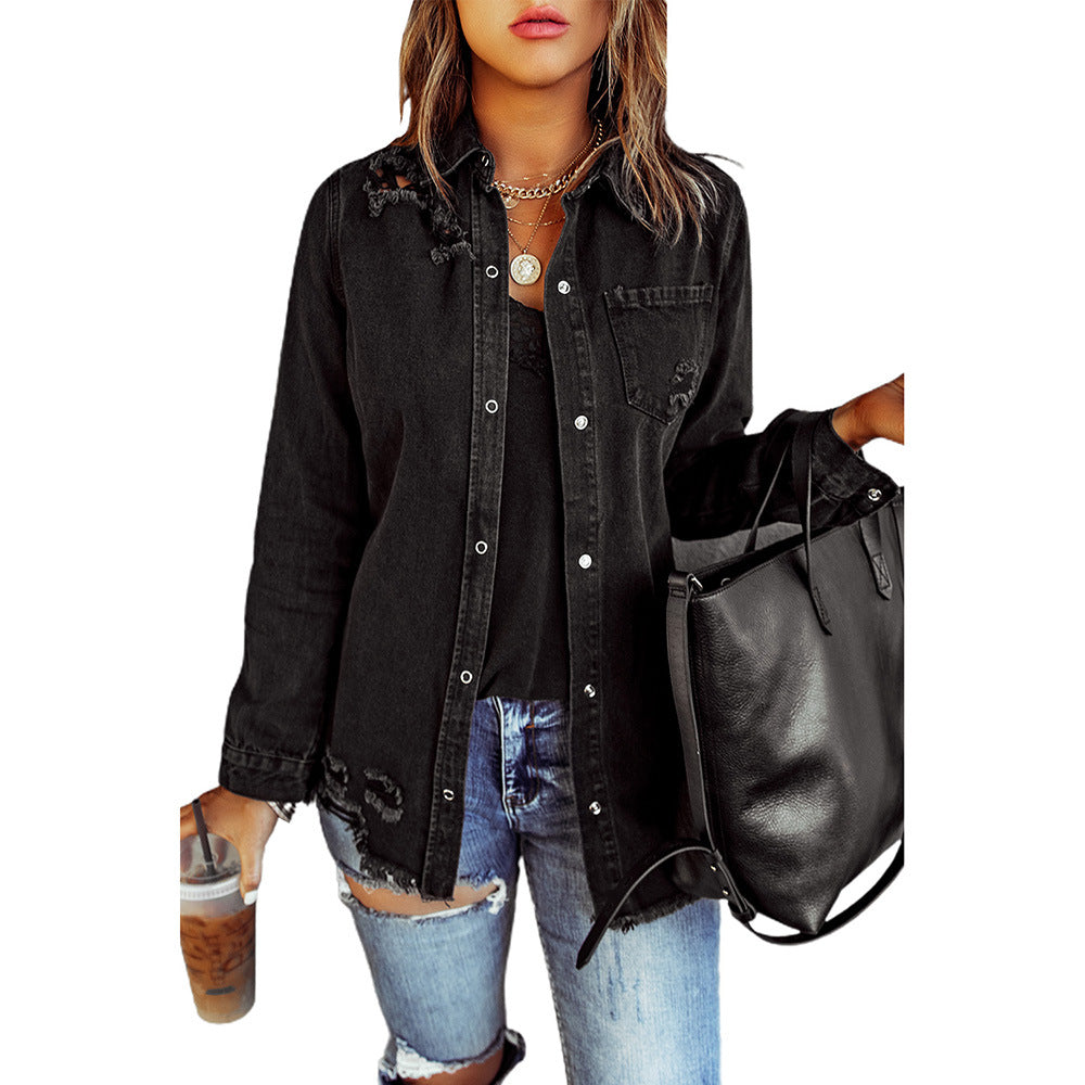 Black Ripped Denim Long Sleeve Coat Jacket for Women