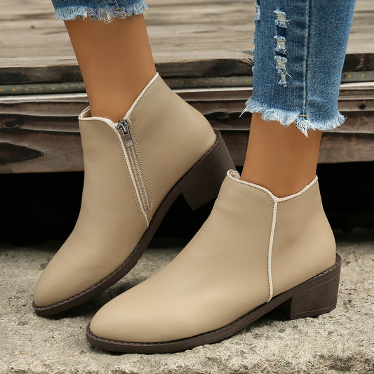 Chunky Mid-Heel Waterproof Ankle Boots for Women with Side Zipper