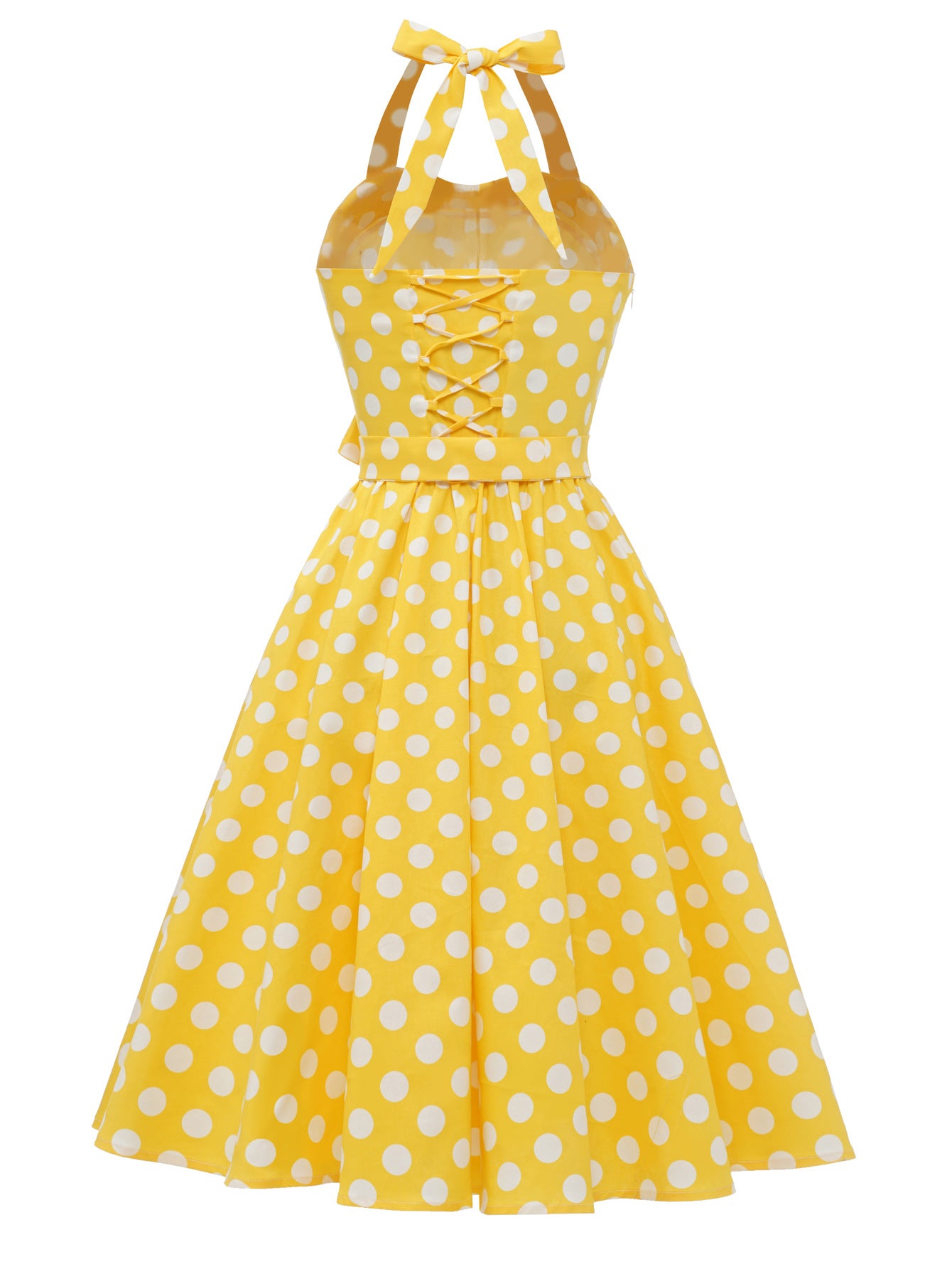 Vintage Polka Dot Halter Dress with Lace-Up Detail and Puff Sleeves