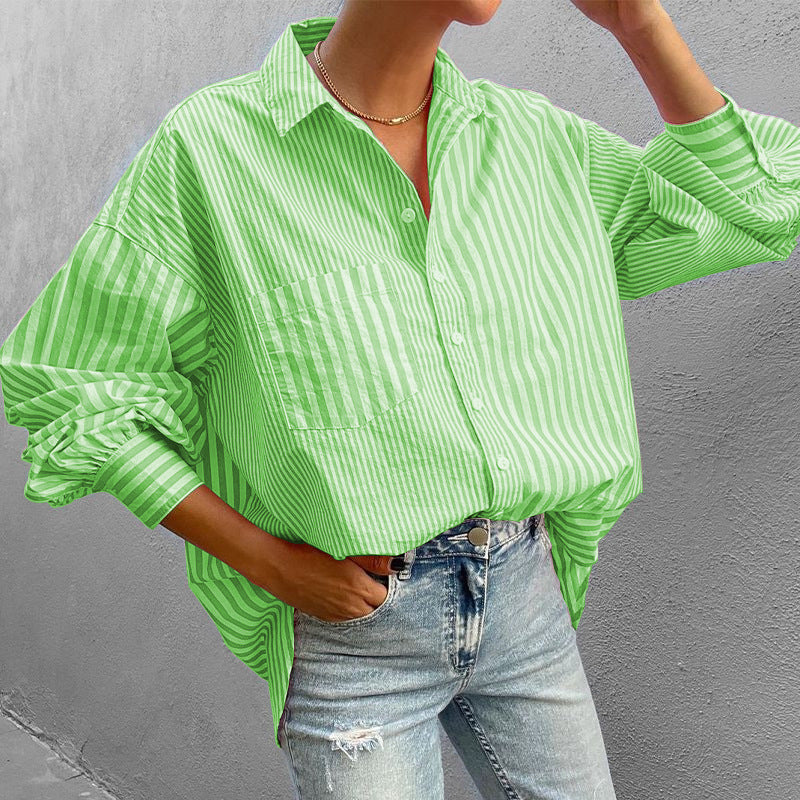 Women's Clothing Fashion Temperament Lapel Loose Long Sleeve Striped Shirt