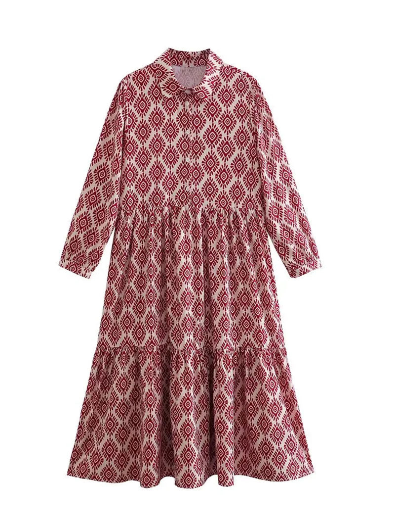 Embrace Retro Vibes with a Geometric Pattern Printed Long Dress for Women