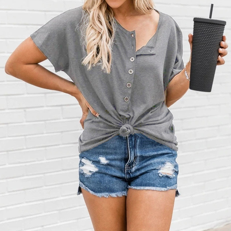 Irregular Hem Button Short-Sleeved T-Shirt for Fashionable Women