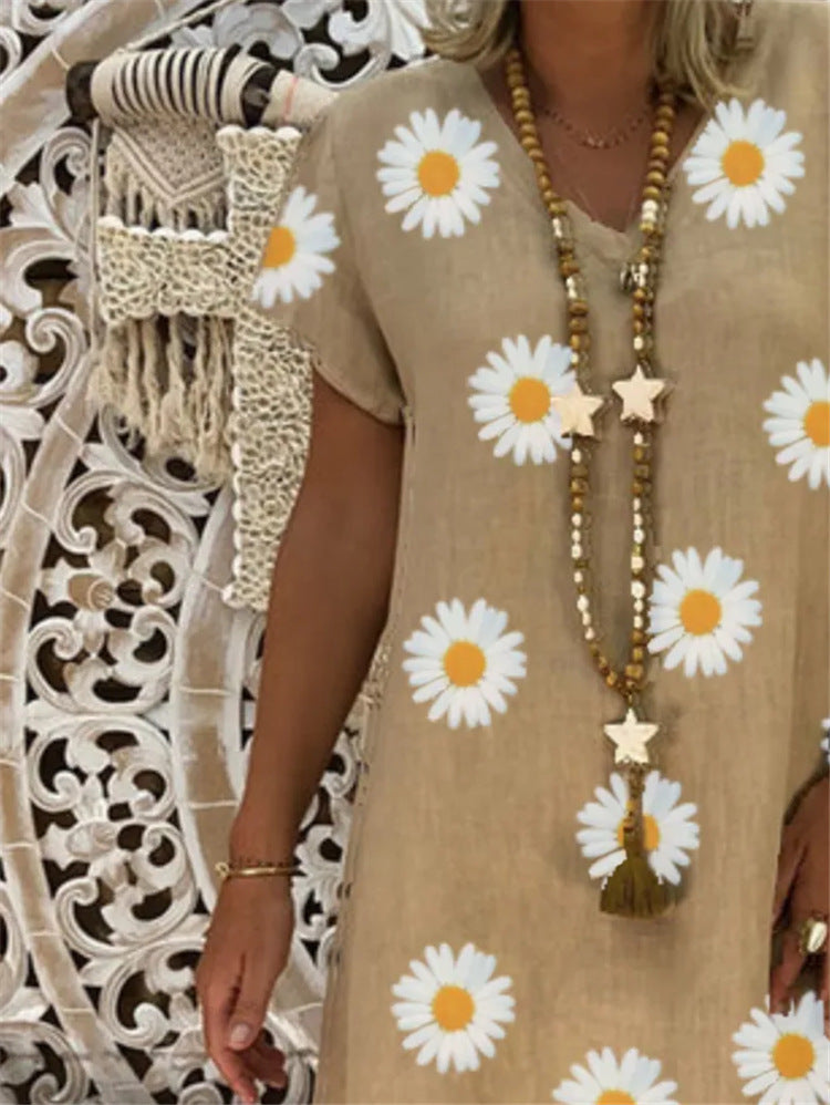 Sunflower Print V-Neck Short Sleeve Dress