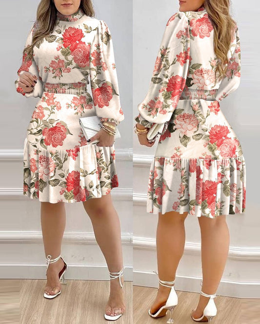 Floral Print Lantern Sleeve Ruffled Ladies Trendy Dress