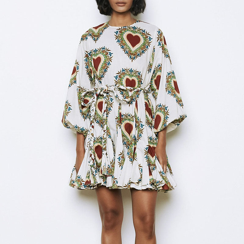 Round Neck Balloon Sleeve Resort Print High Waist Tie Ruffle Dress