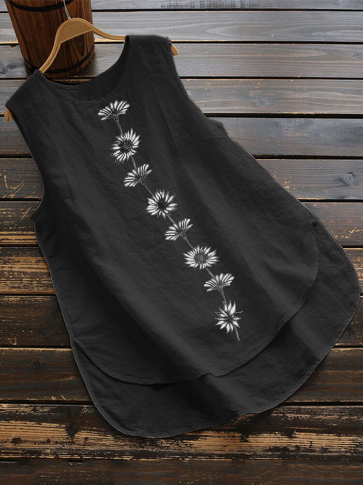 Sleeveless Round Neck Casual Vest with Daisy Print