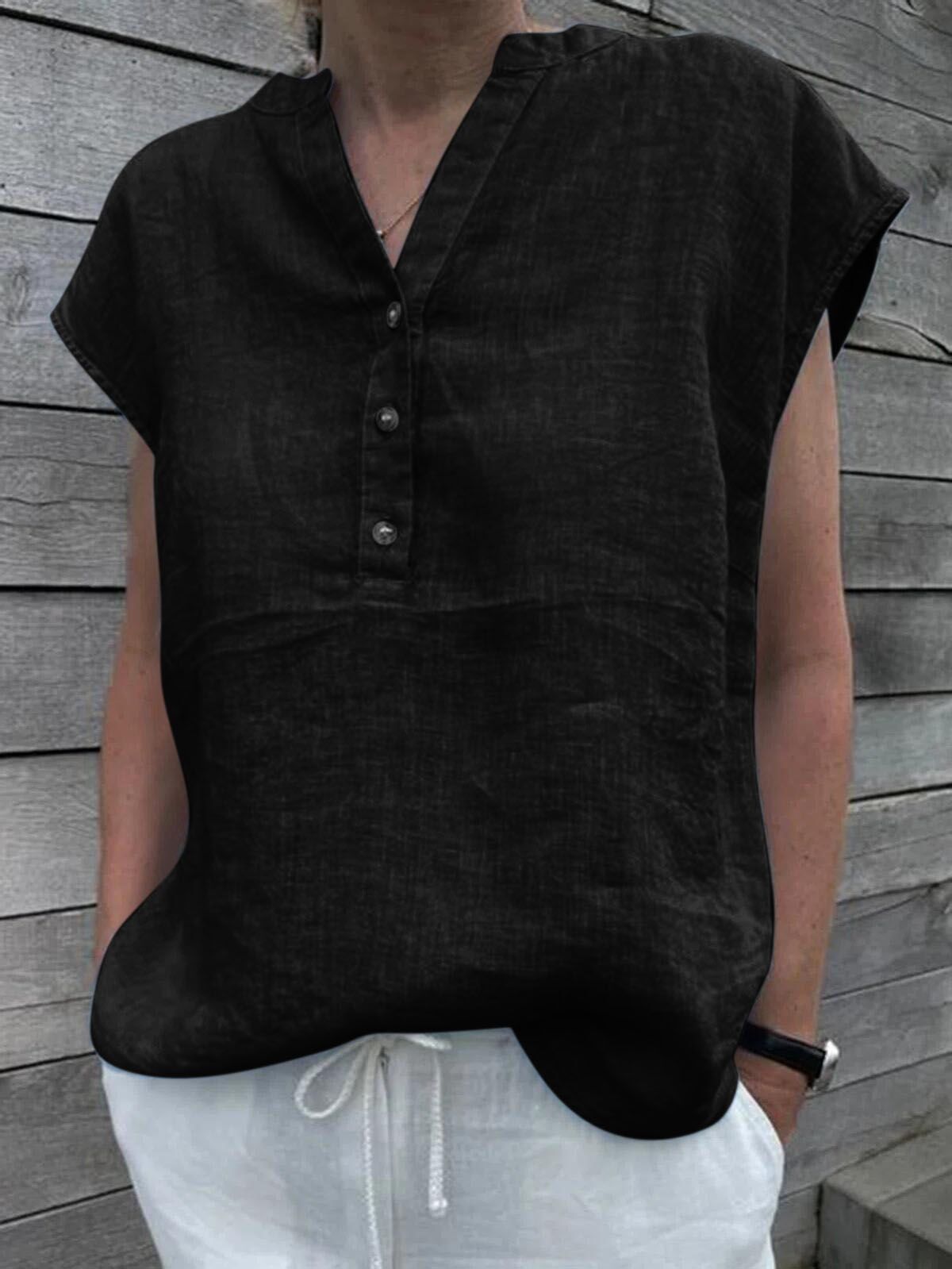 Vintage V-Neck Cotton Linen Shirt for Ladies - Casual Patchwork Design