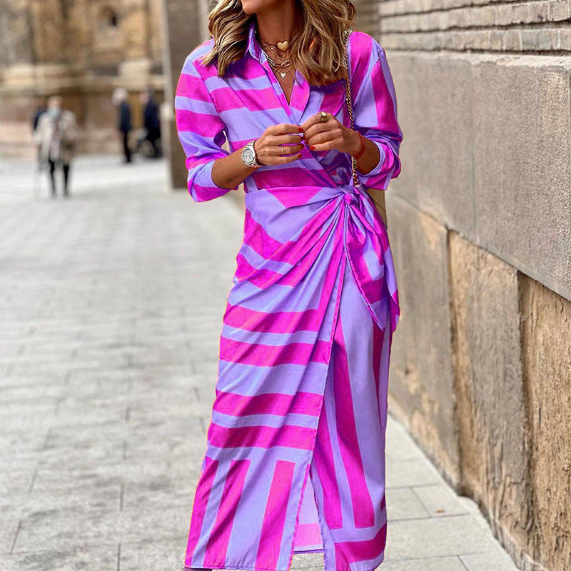 European and American-Style Cardigan Dress with Lace-Up Detail and Striped Print